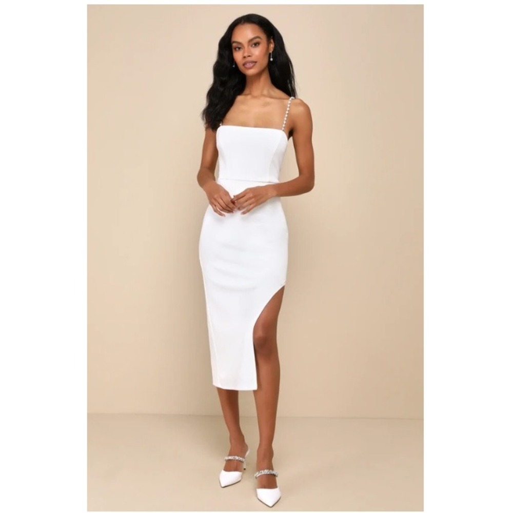 Lulus White Asymmetrical Midi Dress Pearl Rhinestone Straps XS NWT